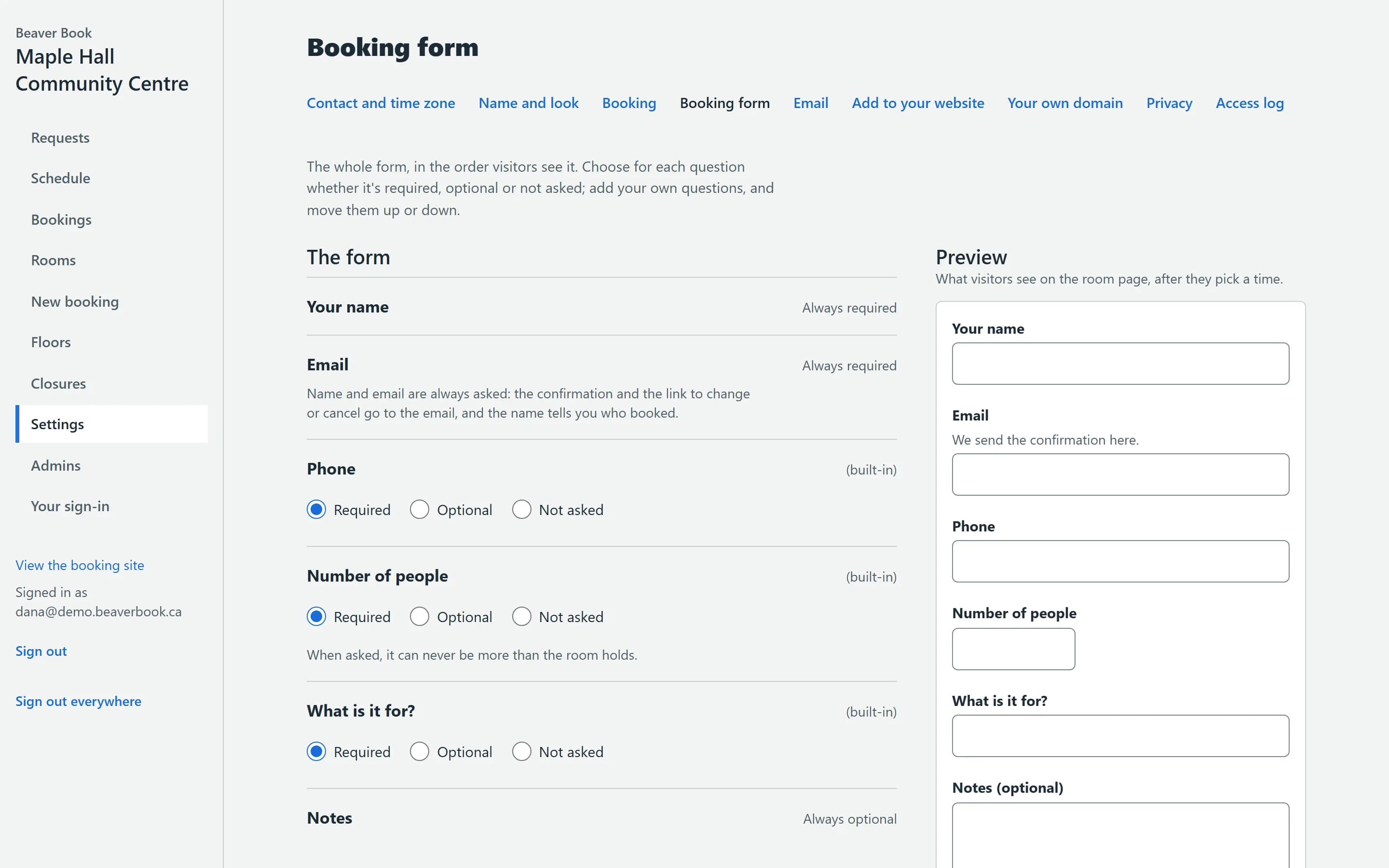 The booking form editor with its preview