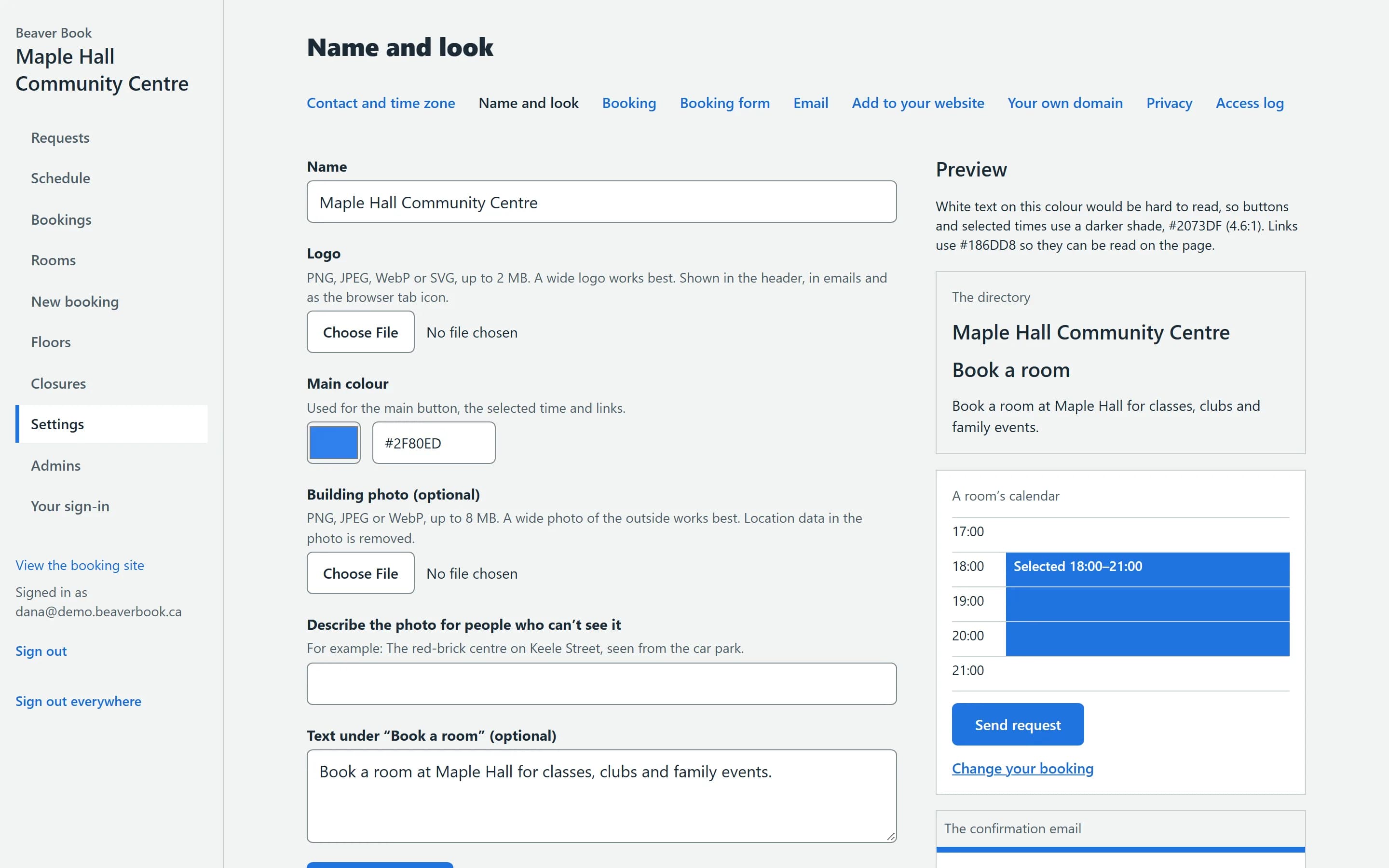 The Name and look settings with a live preview
