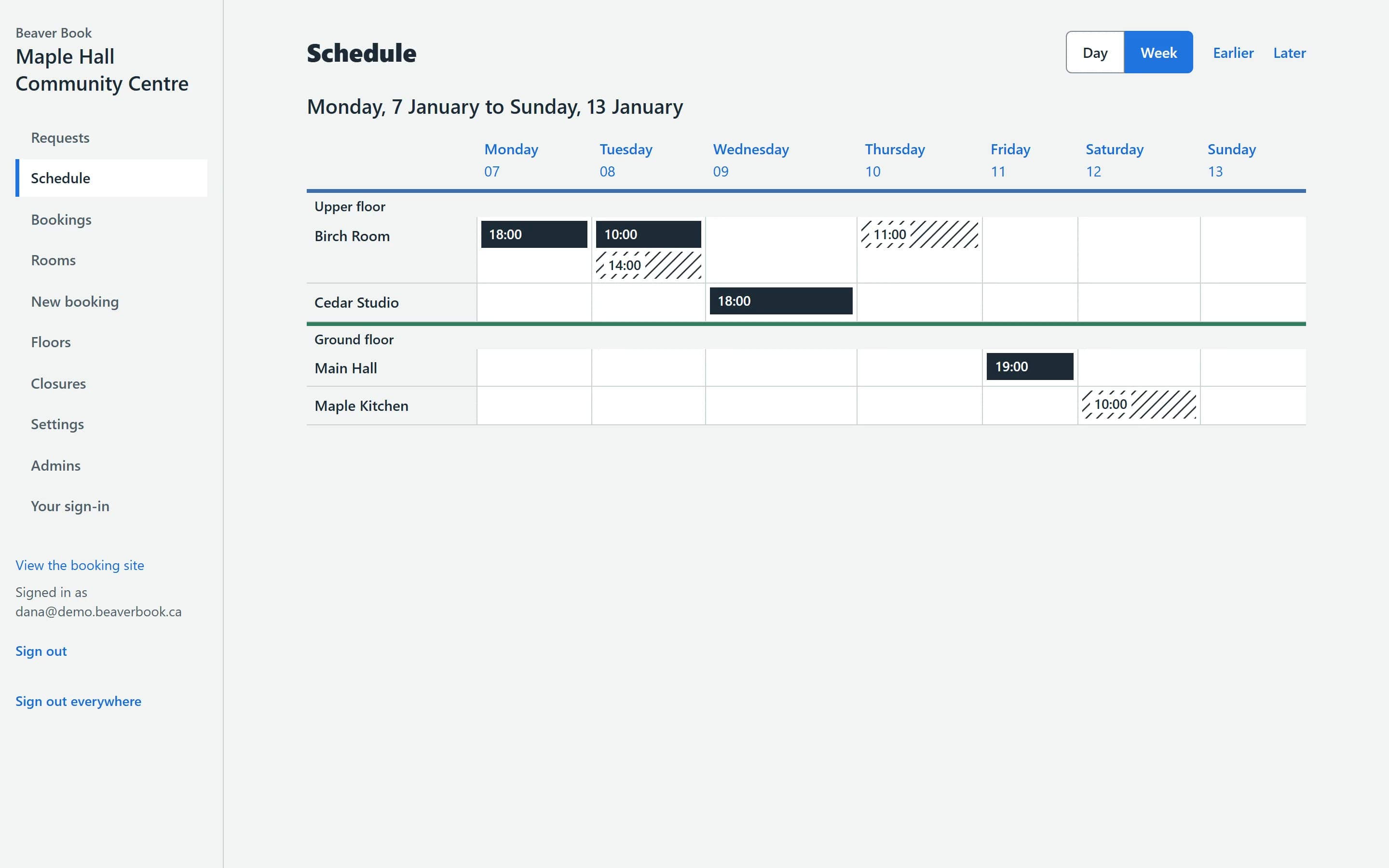 The week schedule of every room