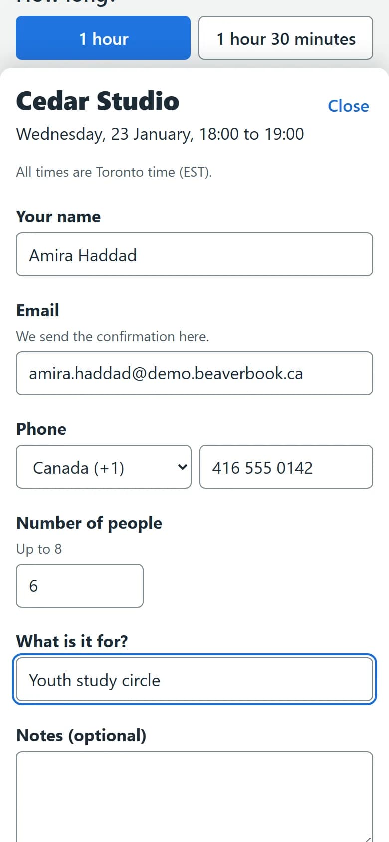 The booking form on a phone