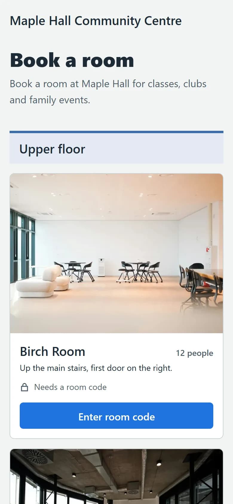 Maple Hall Community Centre's rooms on a phone