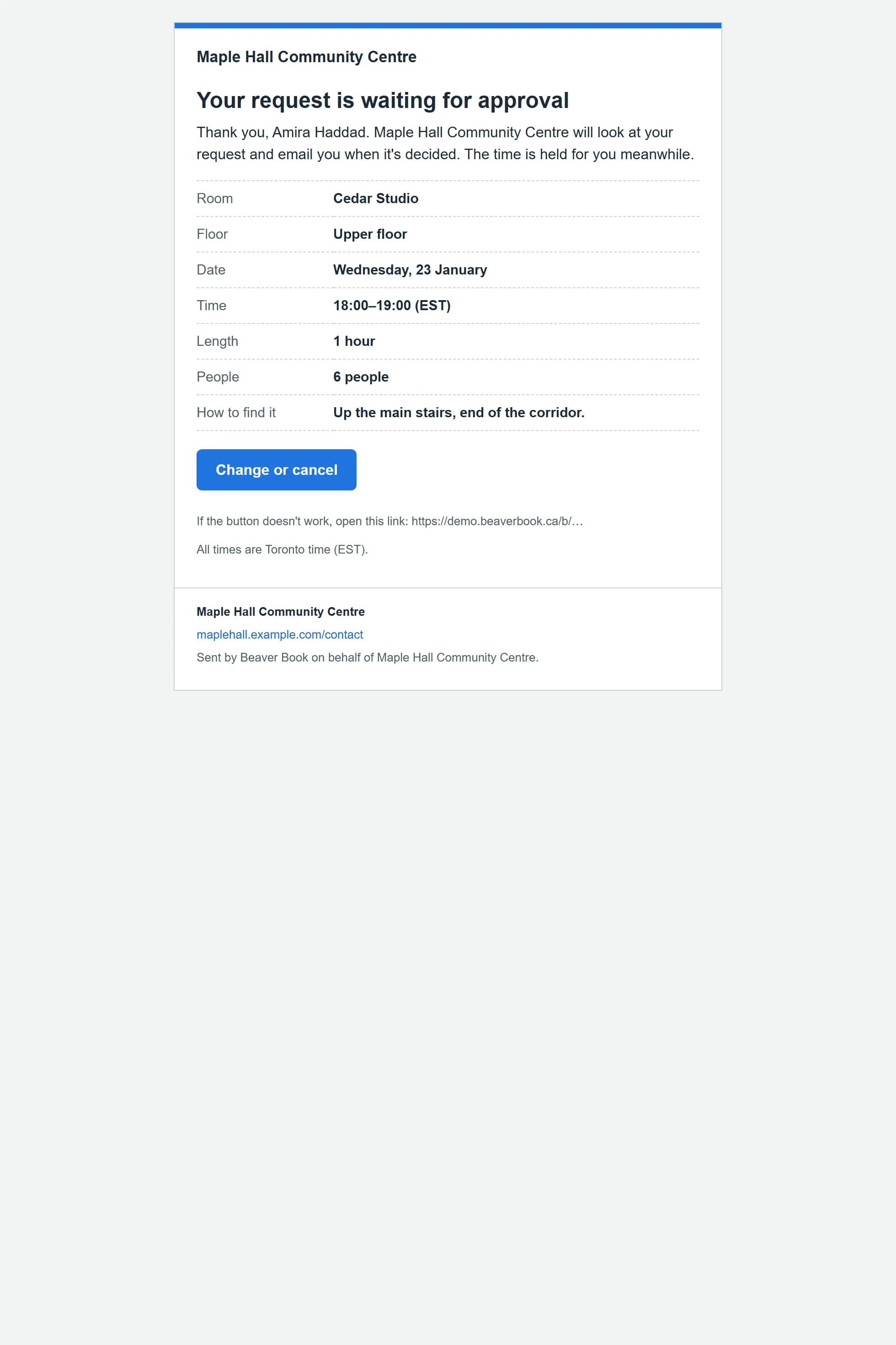 A request email as the member receives it